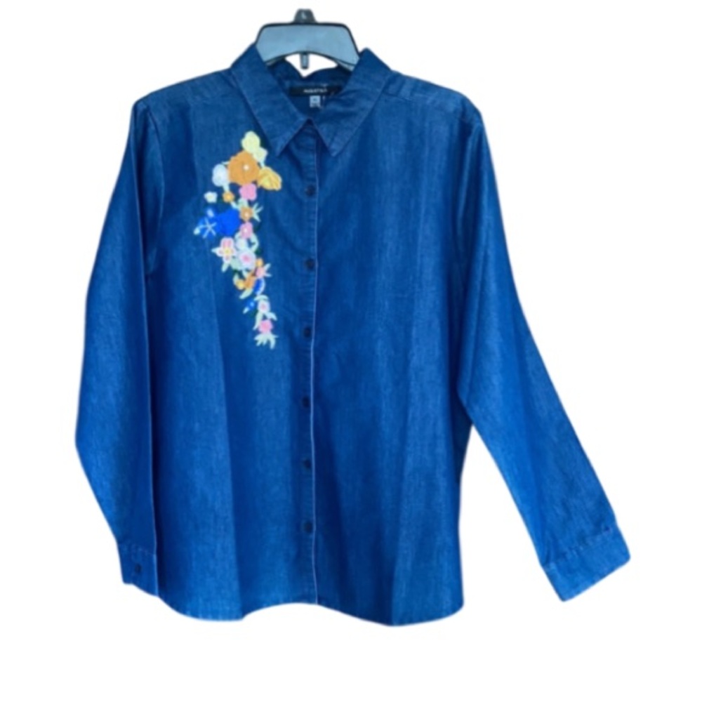 August Silk embroidered flowers w faux pearl button down shirt XL